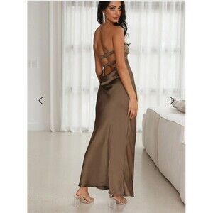 Hello Molly Dress Sz 2 Up And Downs Satin Slip Maxi Brown Strappy Cowl Low Back